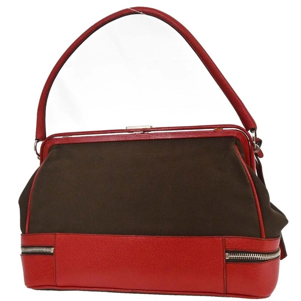 Prada Brown Red Canvas Leather Handbag 117 AQ00325 - Picture 2 of 10